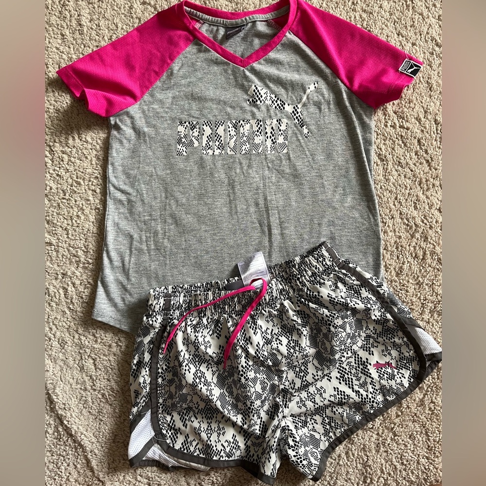 Puma Little Girl Geo Camo Print Lined Athletic Running Shorts Medium 8/10 🐆🩷